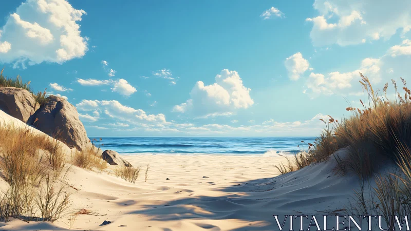 Sunny sand dunes leading to calm blue ocean horizon.