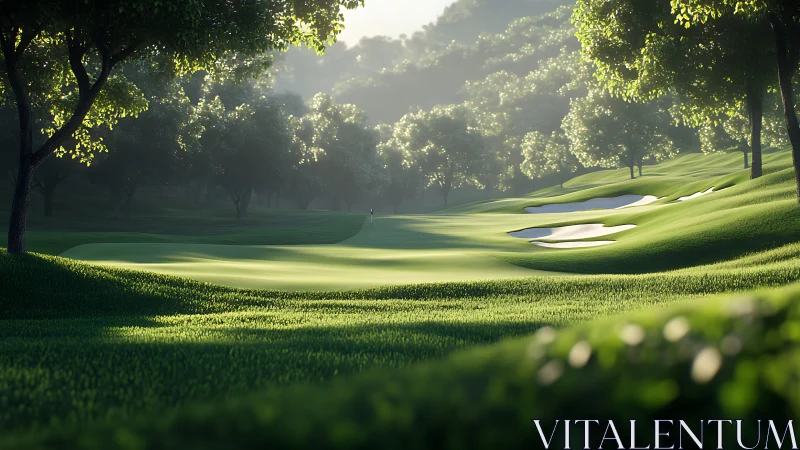 Sunlit tree-lined golf fairway with sculpted bunkers and haze