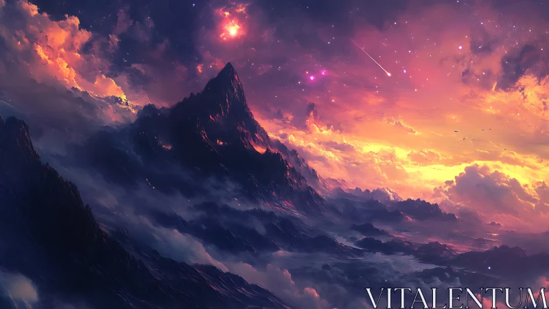 Celestial twilight engulfs a jagged mountain above glowing clouds