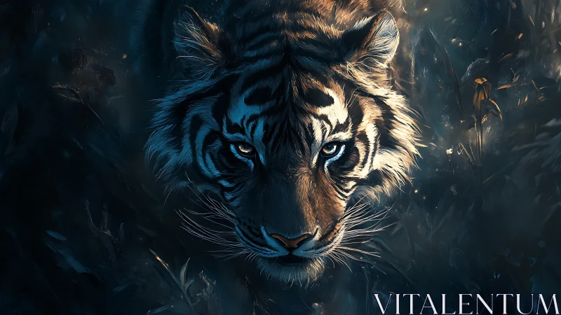 Tiger face glows in dark forest with piercing blue gaze