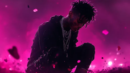 Hooded figure kneels in pink fog with falling debris