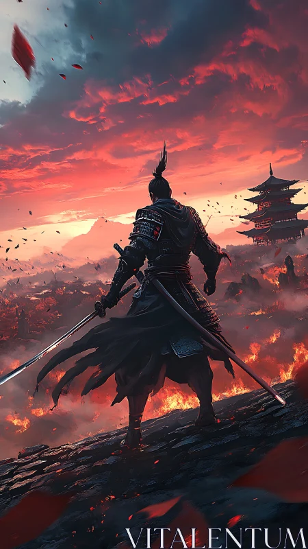 Lone samurai watches a burning valley under fierce red skies