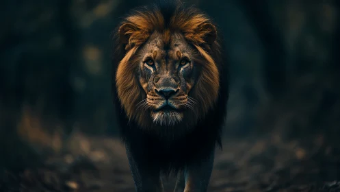 Lone lion strides through shadowed forest in moody dusk light
