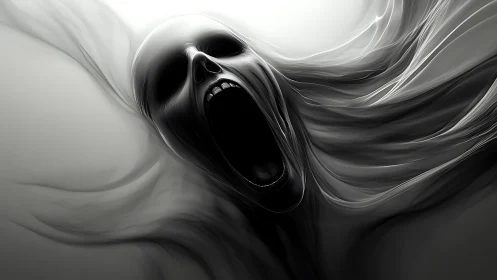 Skeletal head with flowing abstract monochrome forms.