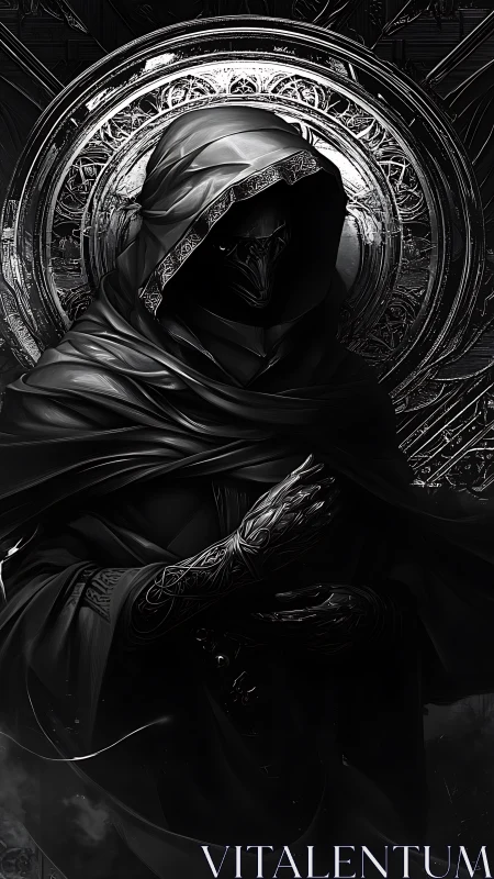 Hooded dark figure stands before ornate circular halo
