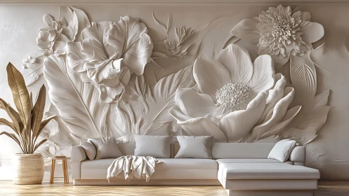 Sculpted blossom wall embracing a calm creamy lounge dream.