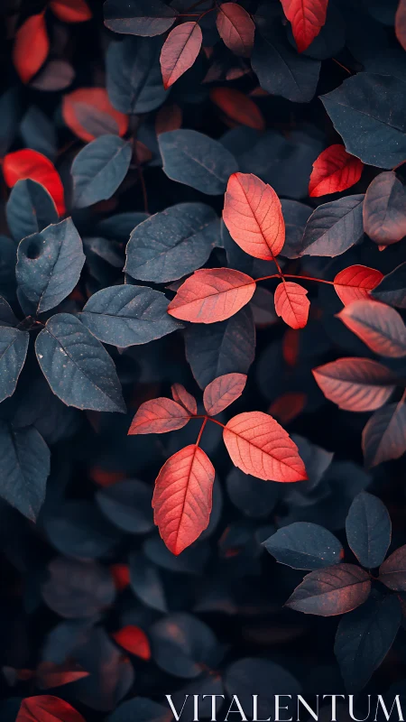 Red-orange foliage emerges sharply against deep blue leaves