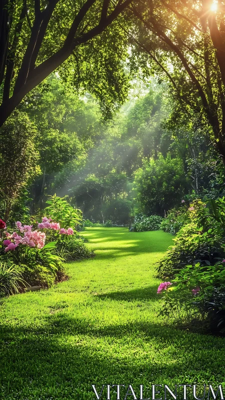 Sunlit garden lawn bordered by flowering plants and trees.