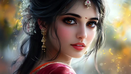 Digital portrait of ornamented woman with luminous bokeh backdrop.