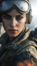 Close-up portrait of determined female soldier in goggles.