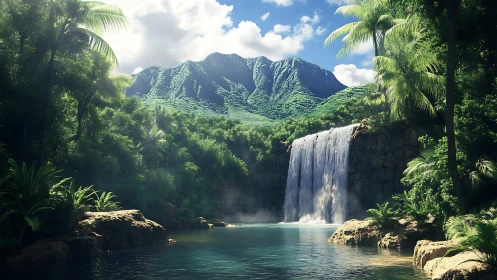 Sunlit tropical waterfall beneath lush emerald mountains.