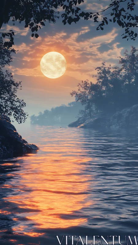 Full moon over misty river with glowing water reflection.