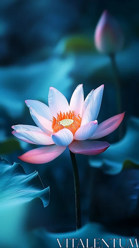Soft pink lotus glows gently against a dreamy blue dusk pond