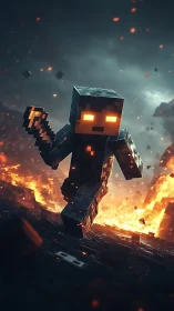 Blocky lava warrior running through fiery battlefield.