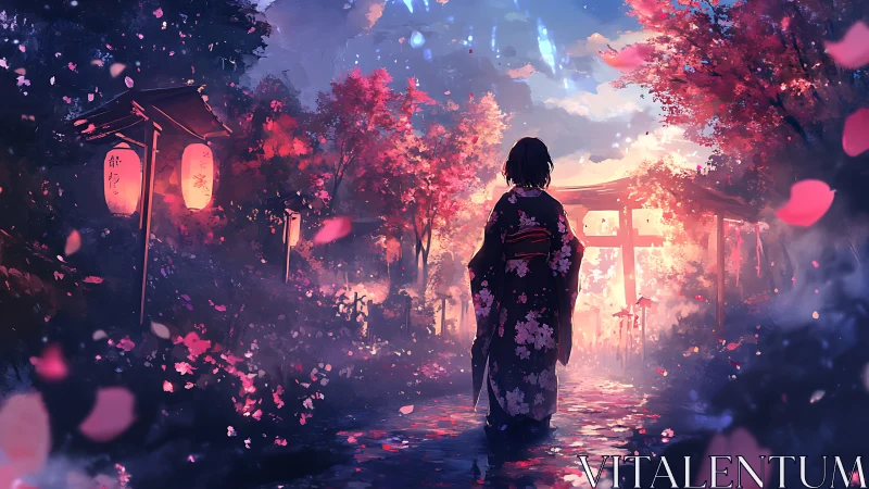 Digital painting of kimono figure on luminous shrine path.