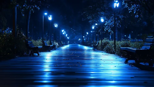 Moonlit park walkway glows under rows of serene blue lamps