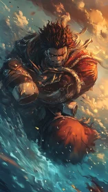 Armored warrior surges through turbulent sea in dynamic lighting