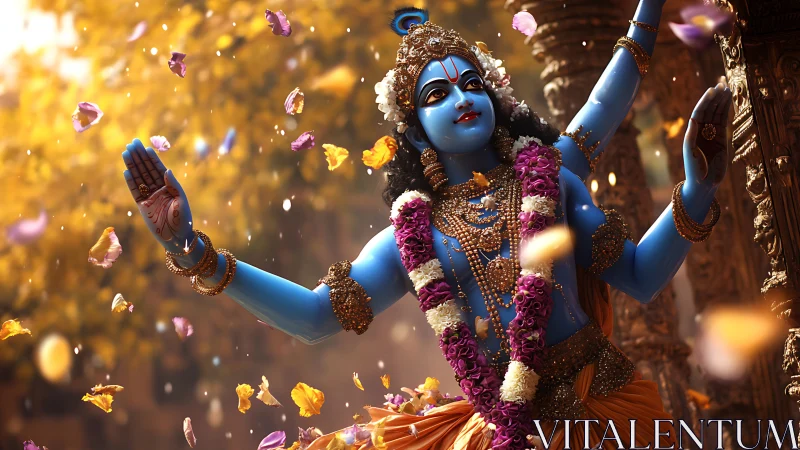 Divine blue deity dancing in garlands under golden petals.