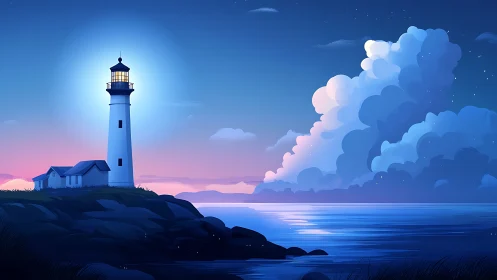 Lighthouse structure positioned on coastal rocky terrain during twilight.