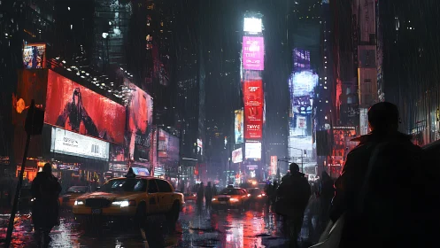 Neon rainstorm drenches a restless cyberpunk city street.