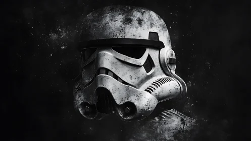 Weathered sci-fi helmet floats in dark, grunge void.