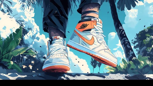 Sneakers dominate low angle tropical street scene composition
