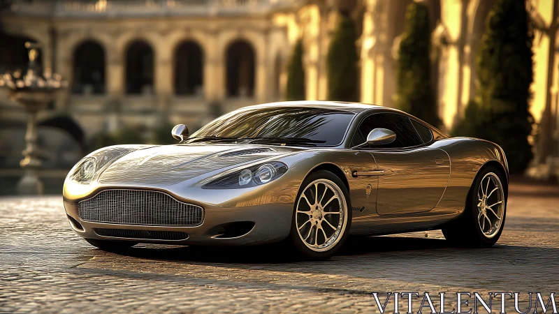 Silver grand tourer reflects warm courtyard sunset light.