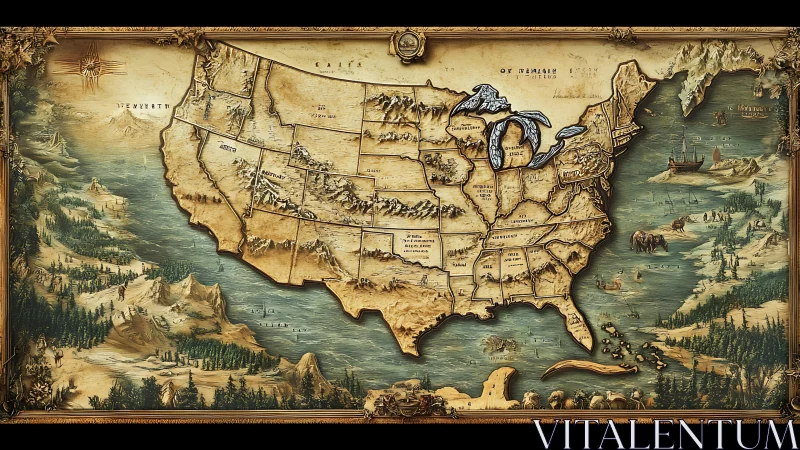 Whimsical vintage-style treasure map of the United States.