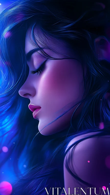Neon-lit profile of serene woman in ethereal blue glow.