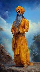 Sikh elder in yellow robes standing on rocky path outdoors.