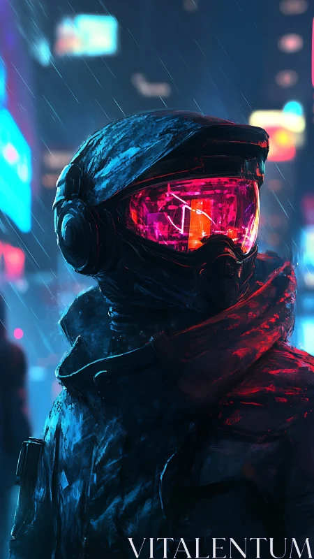 Cybernetic scout in neon-soaked rainstorm, visor glowing red.