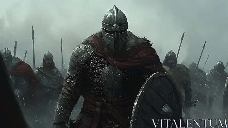 Armored vanguard warrior advances through mist with shield raised