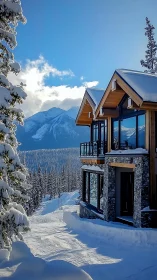 Snow-loaded alpine villa with reflective glazing and ridgeline vista.