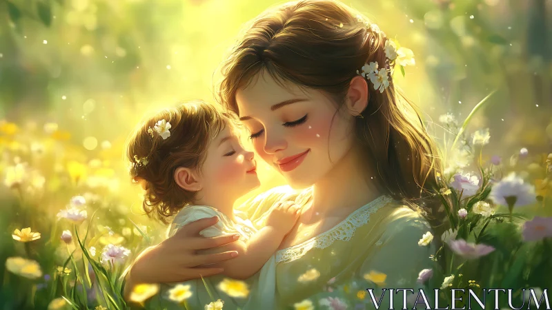 Woman and child in luminescent garden with flowering plants