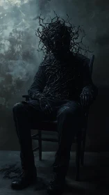 Seated humanoid figure engulfed in dark thorned tendrils