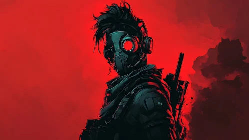 Mysterious masked wanderer against a bold red horizon.