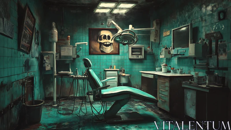 Decay-soaked teal dental surgery with ominous skull art.