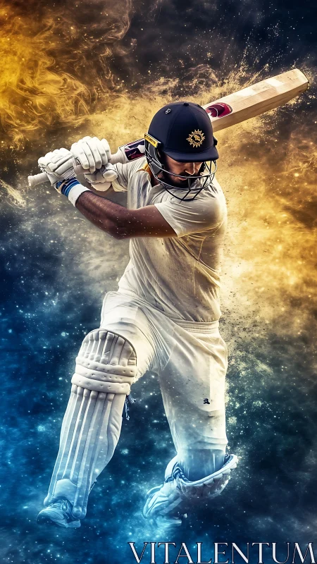 Dynamic cricket batsman framed in dual-color particle storm.