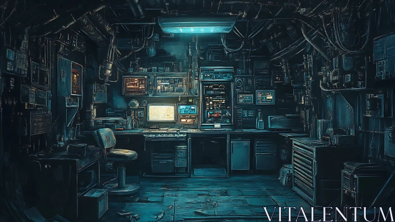 Neon-lit hacker bunker hums beneath a maze of shadowed wires.