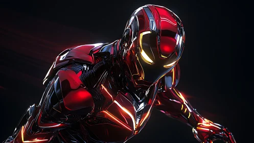 Metallic red humanoid combat suit is rendered in dynamic pose
