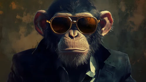 Stylized chimpanzee portrait in sunglasses and dark blazer