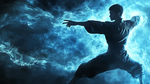 Martial artist bends blue elemental energy into blazing focus.