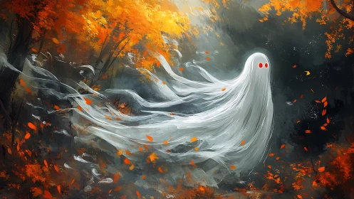 Spectral white ghost sweeps through turbulent autumn forest air