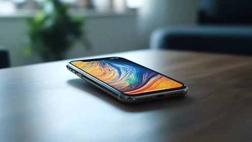 Photorealistic smartphone close-up on wooden tabletop surface.