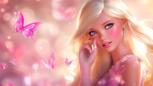 Soft pink butterflies drift around a dreamy blonde girl