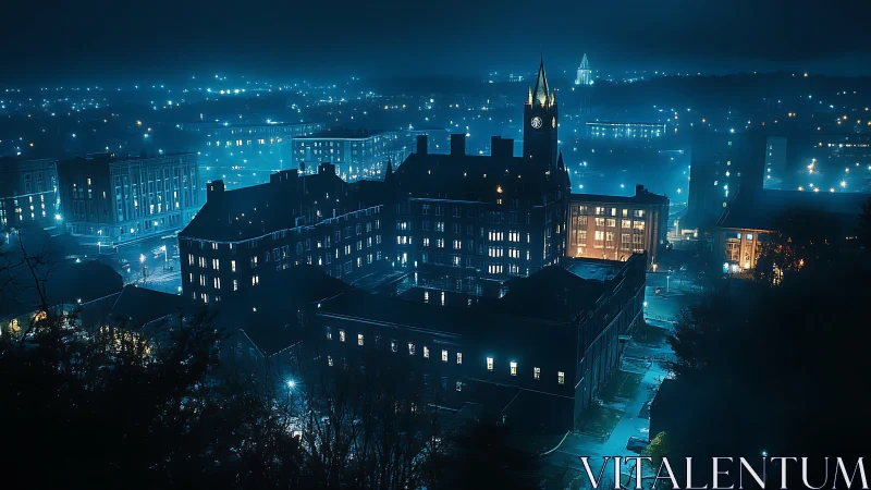 Nocturnal cityscape renders gothic campus in cyan haze