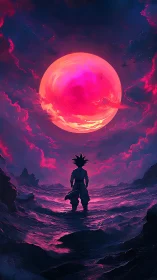 Stargazing warrior beneath a roaring neon crimson moon.