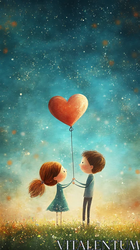 Two Children Holding Red Heart-Shaped Balloon Against Luminescent Turquoise Sky