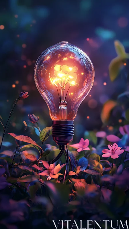 Glowing flower filament bulb amid luminous forest flora.