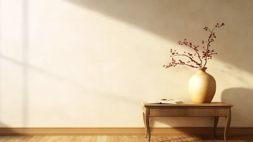 Sunlit wooden table with ceramic vase and open book